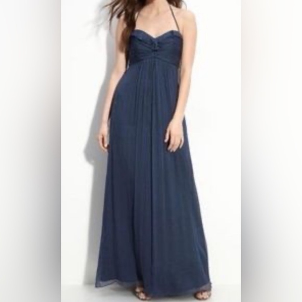 Amsale Navy Blue 100% silk long chiffon, strapless formal maxi dress size 6